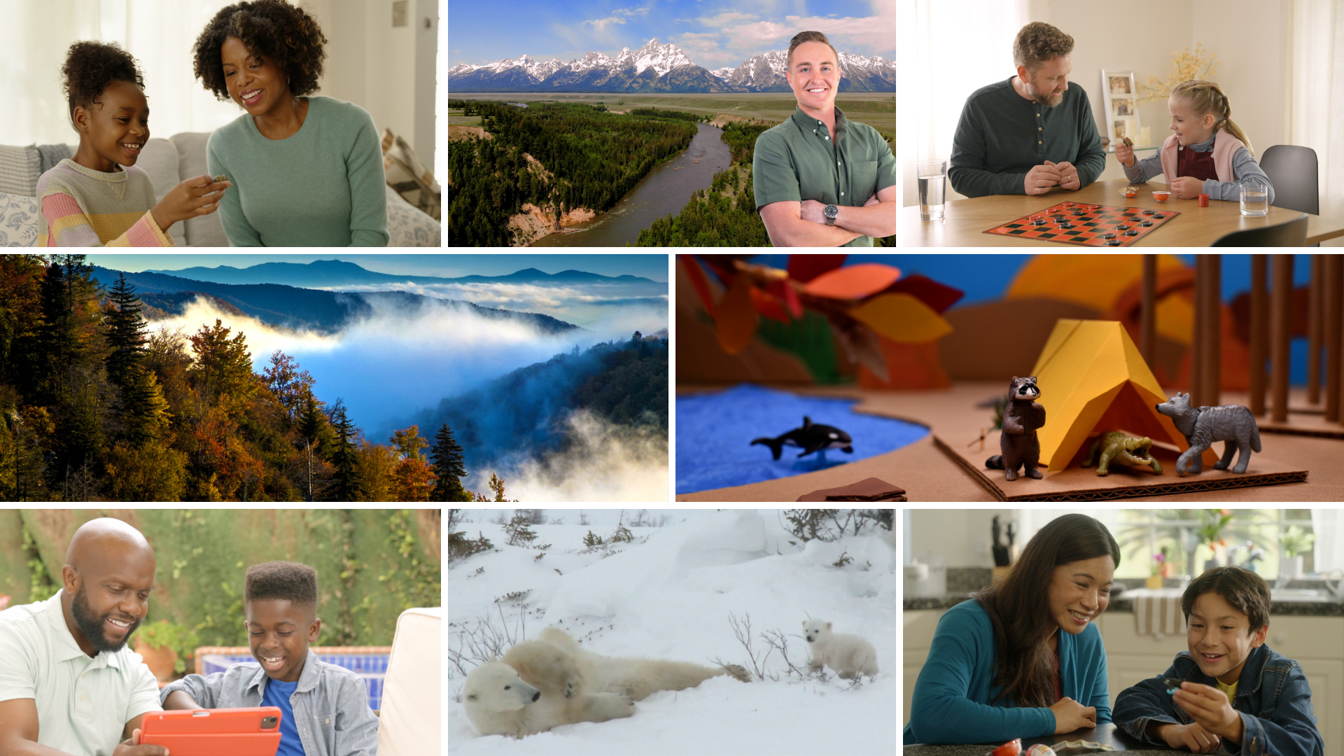 A collage of scenes from Explore the Wild, including parents with their kids, images of National Parks, polar bears and stop motion toys.
